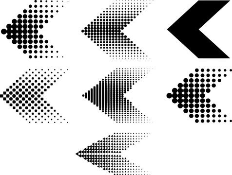 Abstract Halftone Arrow Set Collection with Geometric Direction Symbols, Dotted Gradient Chevron Shapes and Modern Black Navigation Design Isolated on White Background