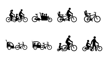 Obraz premium Family Cycling Silhouettes: Diverse Bicycle Riders, Tandem Bikes, Child Seats, Trailers