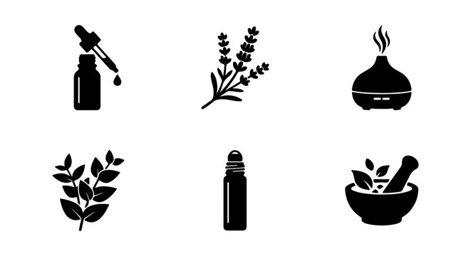Aromatherapy Icons: Essential Oil Dropper, Lavender, Diffuser, Herbs, Roller Bottle, Mortar Pestle