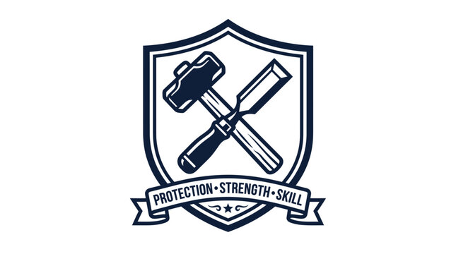 Carpentry crest with crossed hammer and chisel tools on a shield
