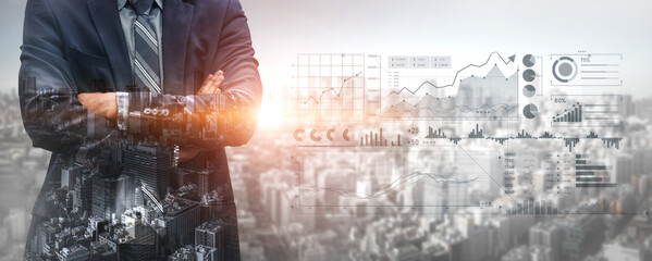 A confident business professional stands with arms crossed, overlooking a city skyline filled with financial growth charts and data analytics visualizations, symbolizing success and strategy. Scalp © InfiniteFlow