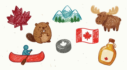 Collection of Canadian Symbols and Icons in a Cute Doodle Style. © Oki