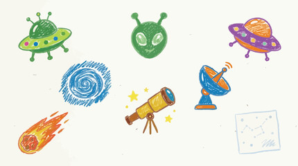 Whimsical illustration of space exploration elements including UFOs, aliens, and a comet. © Oki