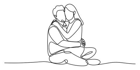 Obraz premium Continuous single line drawing of a loving young couple sitting and hugging each other