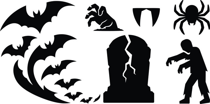 Spooky Halloween vector silhouette icon set featuring flying bat swarm, zombie hand emerging from grave, vampire fangs, spider, cracked tombstone, and walking zombie.