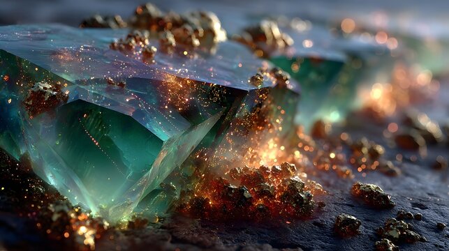 Glowing teal crystal cubes with golden sparkles in surreal abstract scene