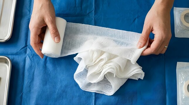 Top view shows clinical worker preparing absorbent medical dressing.