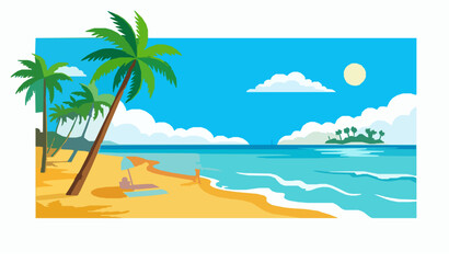 Obraz premium Sunny Tropical Beach with Palm Trees Person Relaxing and Ocean Flat Vector Illustration