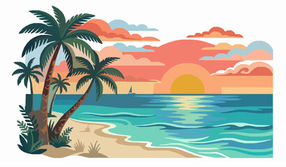 Fototapeta premium Tropical Beach Sunset with Palm Trees Sailboat and Ocean Waves Flat Vector Illustration