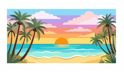 Obraz premium Tropical Beach Sunset with Palm Trees and Ocean Waves Flat Vector Illustration Scenery