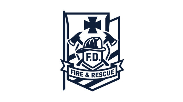 Fire and rescue emblem with helmet crossed axes and maltese cross