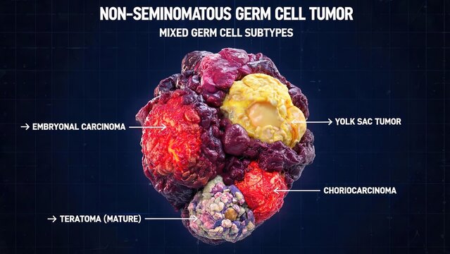 Labeled 3D Biomedical Render of Non-Seminomatous Mixed Germ Cell Tumor Showing Subtypes: Embryonal Carcinoma, Yolk Sac Tumor, Choriocarcinoma, Mature Teratoma on Dark Grid Medical Background
