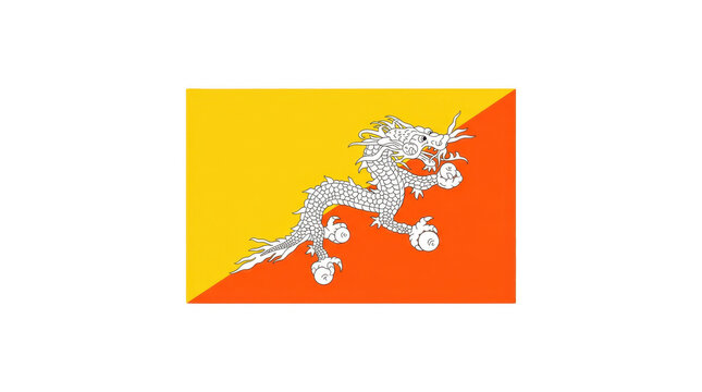 Bhutan national flag diagonally divided yellow and orange with white dragon Druk clutching jewels symbolizing monarchy, Buddhism, protection, prosperity and spiritual power

