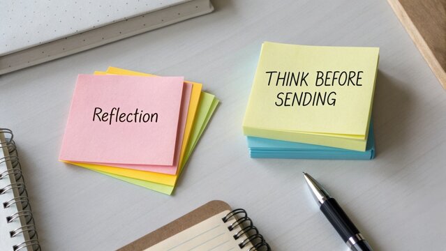 Thoughtful reminder message notes for self-reflection and mindful communication in a workspace setting