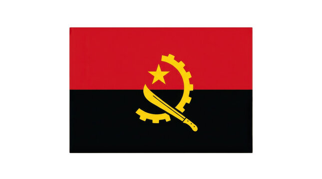 Angola national flag with red and black halves and yellow emblem of half gear, machete and star symbolizing struggle, workers, peasants, socialism and national hope

