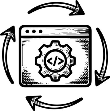 Web Development and Coding Process with Gear and Arrows.