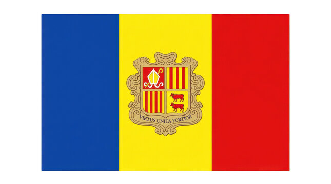 Andorra national flag with vertical blue, yellow and red bands featuring detailed coat of arms symbolizing small mountainous principality, history, unity and peace


