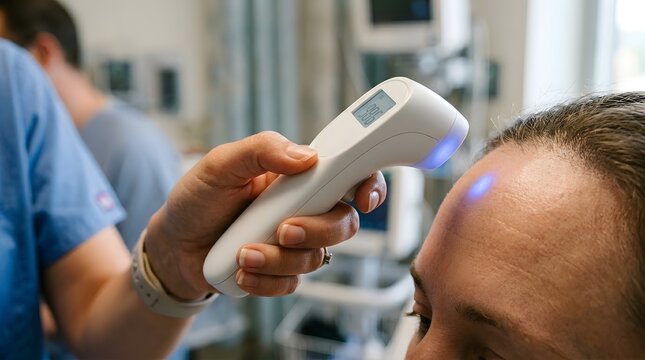 Medical worker checks patient temperature using infrared forehead thermometer inside hospital clinic.