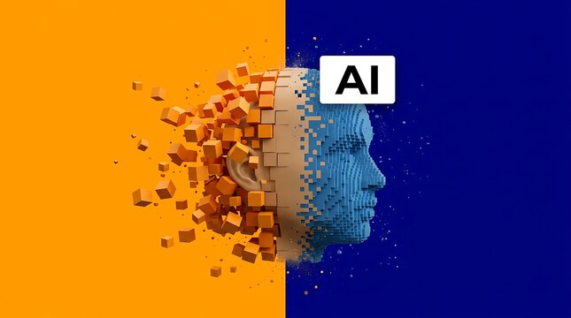 Artificial intelligence concept digital human head dissolving into cubes orange and blue background technology brain future information network data science artificial intelligence idea.