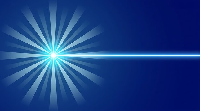 Bright blue laser beam shoots from glowing center point expanding outwards with light rays on a dark blue background abstract concept.
