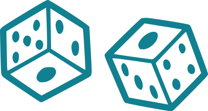 Teal line art vector illustration of two dice with dotted faces, shown in angled view and isolated on a white background for games and entertainment themes