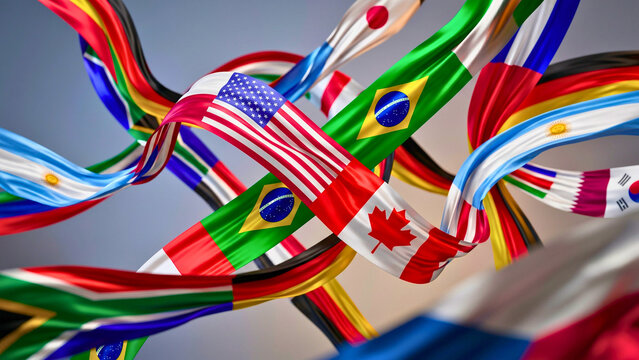 Colorful waving world flags representing global cooperation and diversity.