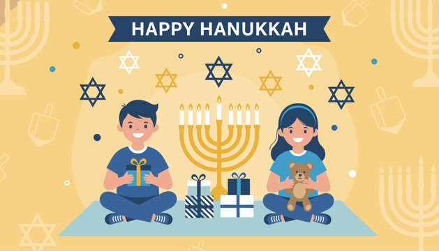 Happy Jewish children celebrating Hanukkah with gifts, a teddy bear, and a glowing golden menorah on a yellow background.