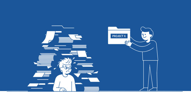 Overwhelmed worker sitting under a mountain of papers while his boss cheerfully hands him a new project folder.