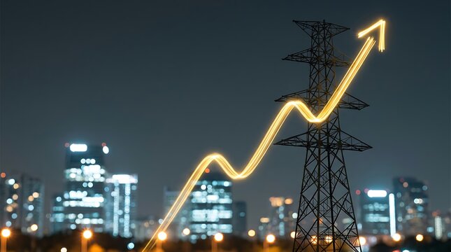 Electric power transmission tower against cityscape backdrop symbolizing rising energy costs and economic growth abstract concept with upward trending graph overlay.