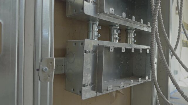 Metal Electrical Junction Boxes and Conduits Mounted on Wall During Construction