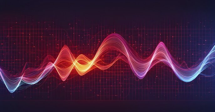 Glowing digital wave forms fluctuating in sync with a pulsating grid background, representing the heartbeat of artificial intelligence, AI generated