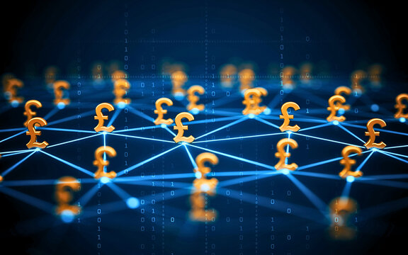 Global Financial Network with Pound Sterling Currency Symbols Connected by Digital Lines