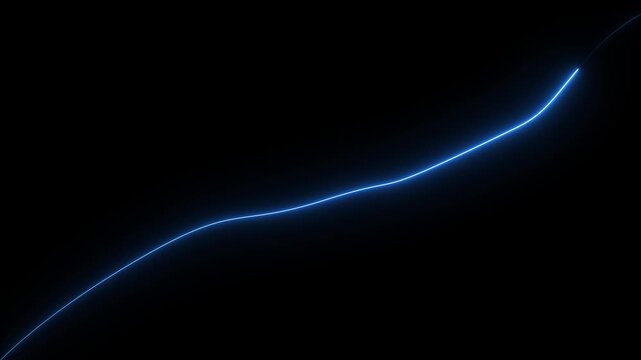 Thin, wavy, bright blue neon light line curving across a black background curve