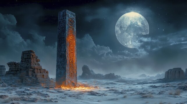 A glowing obelisk structure amidst ancient ruins under a bright full moon, creating an eerie and dramatic night scene, AI generated