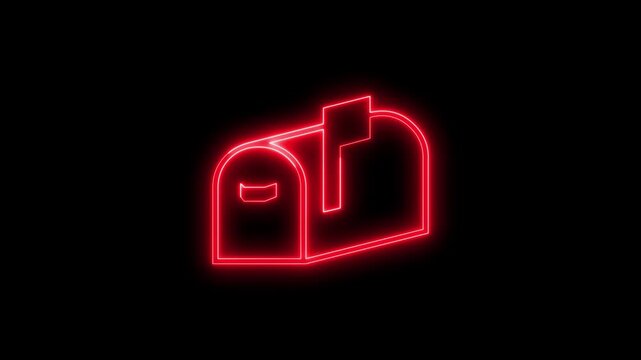 Red neon mailbox icon glowing and pulsing on black background.