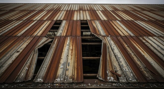 Large rusty metal sheets with visible decay and texture, construction materials failure concept, AI generated
