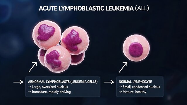 Labeled Comparative 3D Medical Illustration of Acute Lymphoblastic Leukemia (ALL) Showing Abnormal Immature Lymphoblast Leukemia Cells vs Healthy Mature Normal Lymphocyte on Dark Blurred Biological Ba