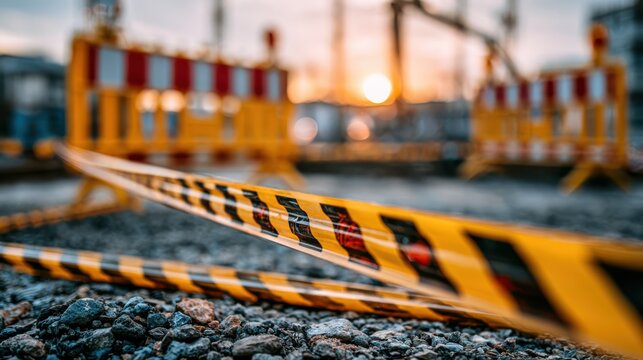 Yellow and black caution tape stretched across a road surface with barricades blurred in the background at sunset.