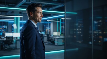 Fototapeta premium Confident businessman in suit looking out window of modern office at night