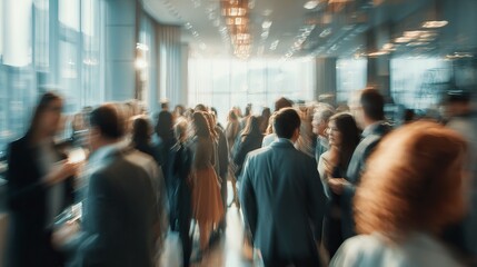 Fototapeta premium Corporate office scene with defocused business team and bright bokeh 