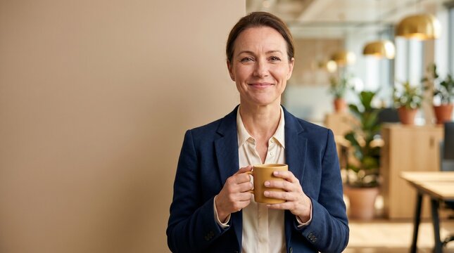 Smiling businesswoman holding a mug in a modern office environment