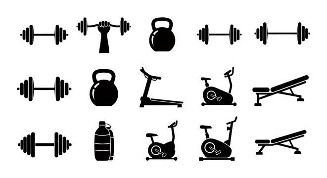 Set of gym equipment silhouettes including weights, kettlebell, barbell, bench, treadmill, bike, rower and accessories.
