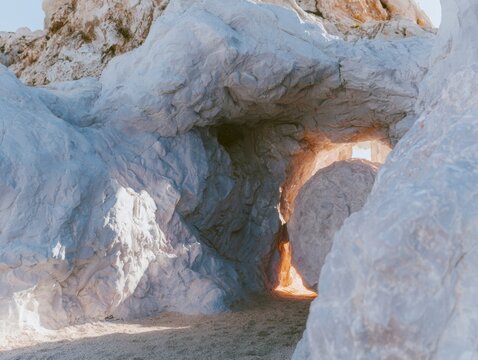 Rough stone cave with a large boulder rolled aside from the entrance as warm light glows from within for easter and resurrection concepts