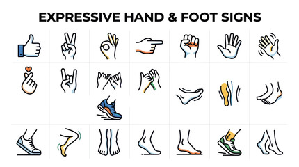 Hand and foot gesture icons representing body language and movement © Isun