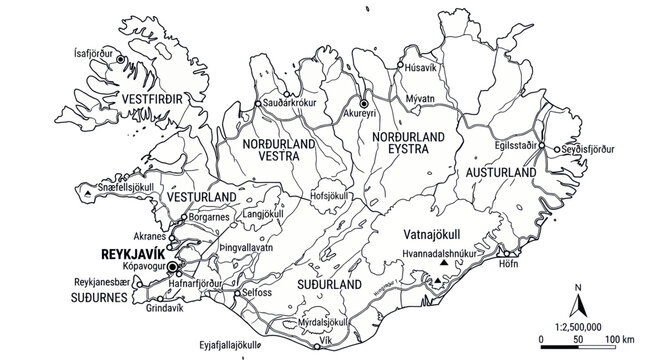 Detailed map of iceland showing regions cities and glaciers