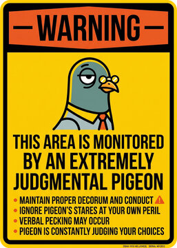 Warning sign with judgmental pigeon icon for office humor