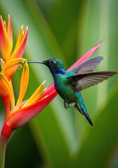 Obraz premium A vibrant hummingbird hovers delicately near a bright red bird of paradise flower. The hummingbird’s iridescent green plumage and brilliant blue head flash as it feeds on the flower’s nectar.