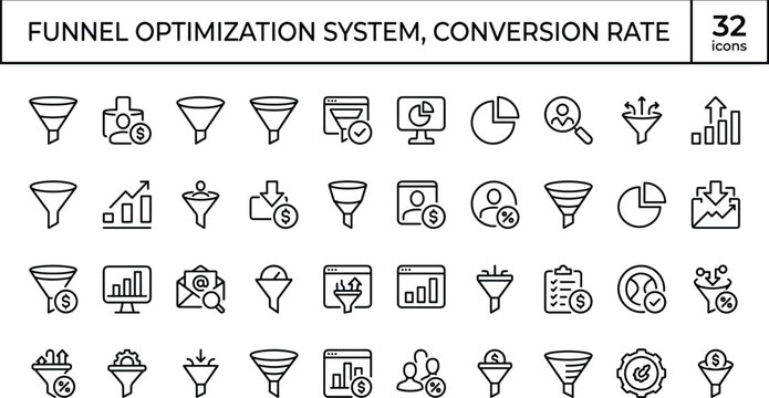 Funnel optimization system outline icon set with conversion rate analytics, sales pipeline, marketing performance and business growth symbols