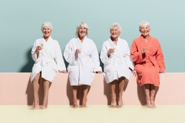 Obraz premium Four senior women in plush robes celebrate and toast with champagne flutes while sitting at a spa pool, for friendship and wellness lifestyle content
