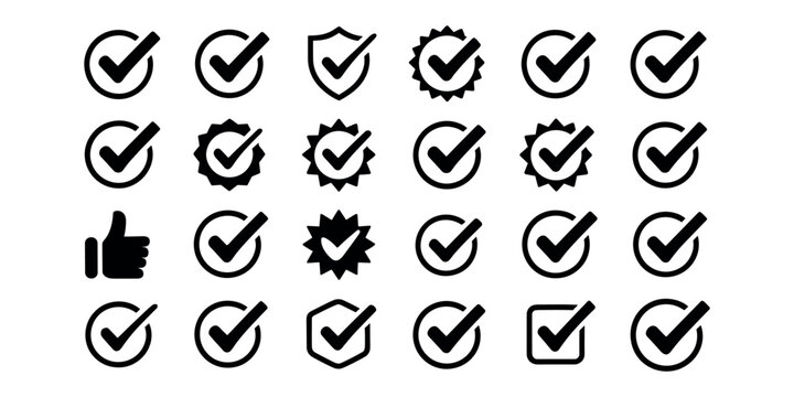 Black and white checkmark on white background symbols signs 